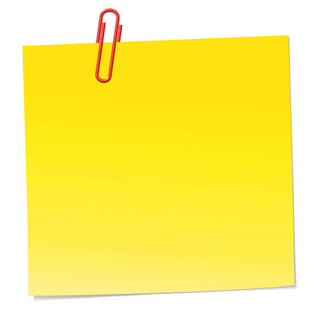 Yellow note with red paper clip. Full editable whit AI. Included gradients for change color. The paperclip are individually grouped and easy to move, scale and rotate.のイラスト素材