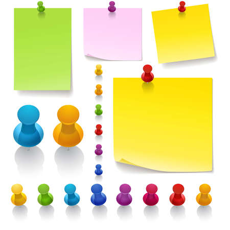 Thumbtacks and notes. Full editable with AI9 or more. Included gradients for change color. The thumbtacks are individually grouped and easy to move, scale and rotate.のイラスト素材
