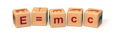 The word "e=mc2" spelled in alphabet blocks and pictogam "An elephant weighs as much as a mule and two cows". 3D render.の写真素材
