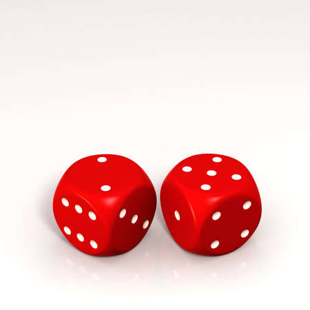Two red dice, showing three and five in white background.の写真素材