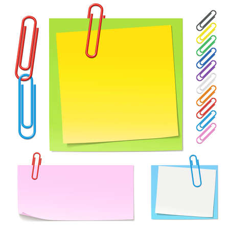 High detailed different types of notes, paper clips in different colors. Paperclips contains front part and back part so you can place them on a paper, file very flexible to use. Included gradients for change color. The paperclip and notes are individuallのイラスト素材