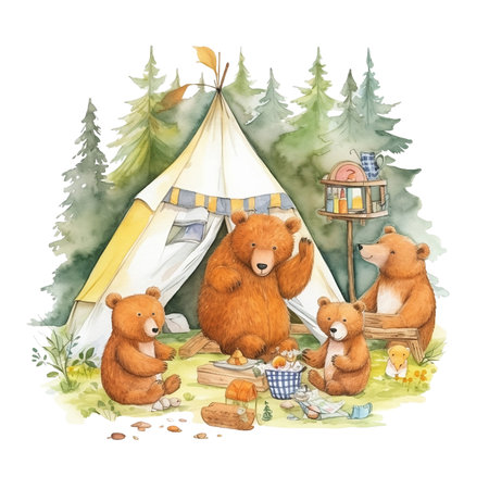 Watercolor illustration of a group of bears sitting near a tent. Cute cartoon wild animals.の素材