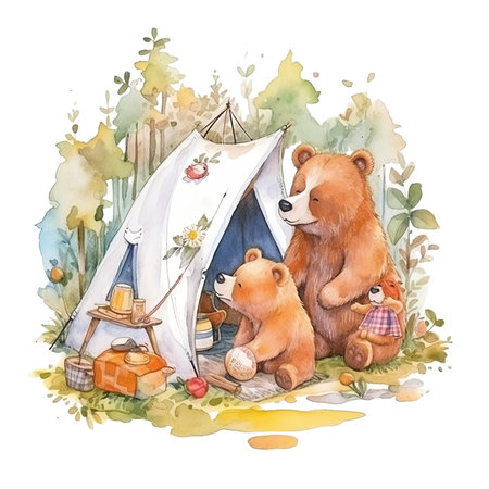 Watercolor illustration of a cute bear family in a camping tent.の素材