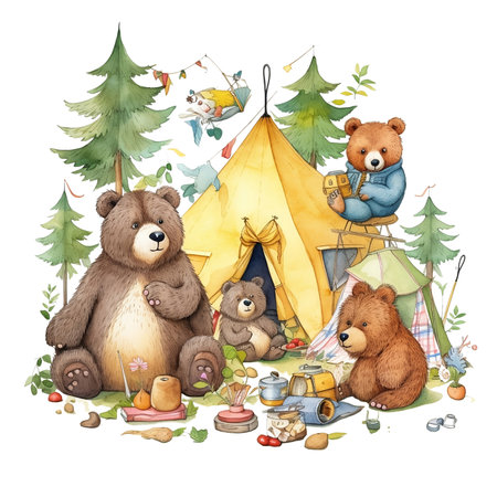 Watercolor illustration of a group of bears with a tent and a campfireの素材