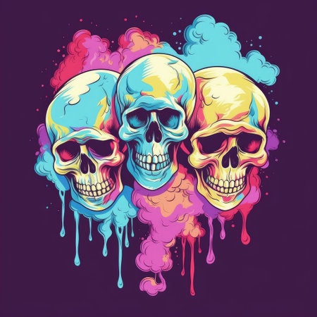 Skulls with colorful paint splashes on dark background. Vector illustration.の素材