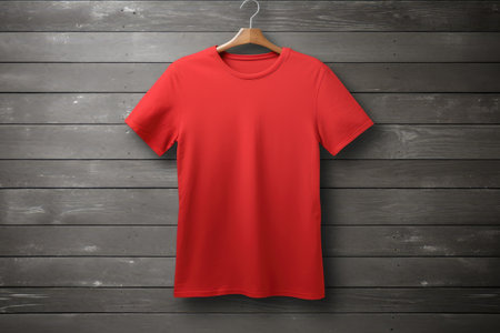 Red t-shirt on a hanger on a dark wooden backgroundの素材