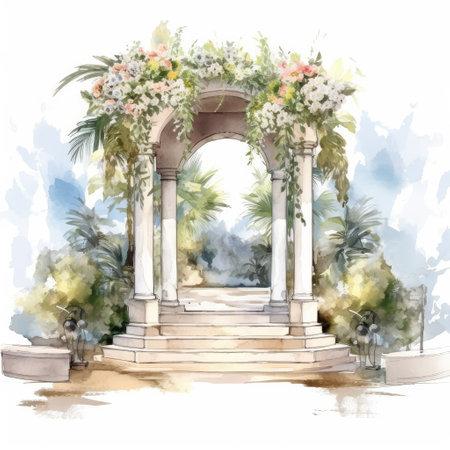 Watercolor wedding arch with flowers and palm trees on the background.の素材