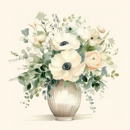 Watercolor illustration of anemone flowers in a vase.の素材