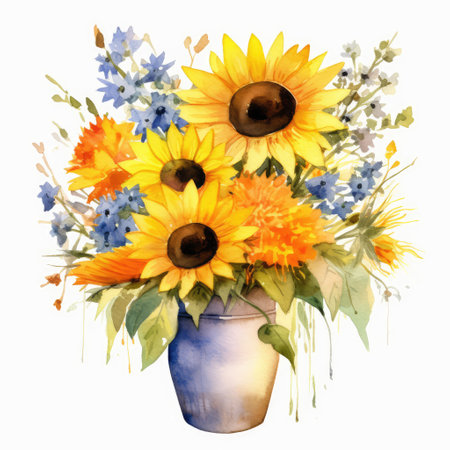 Bouquet of flowers in a vase. Watercolor illustrationの素材