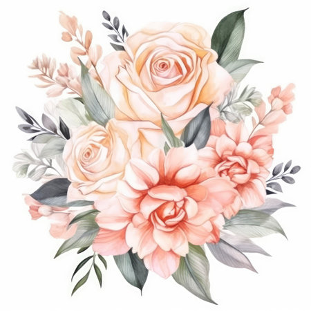 Watercolor floral wreath with white flowers, green leaves, eucalyptus branches, hand painted isolated on white backgroundの素材