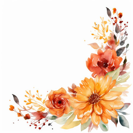 Watercolor bouquet with orange flowers, isolated on white background.の素材
