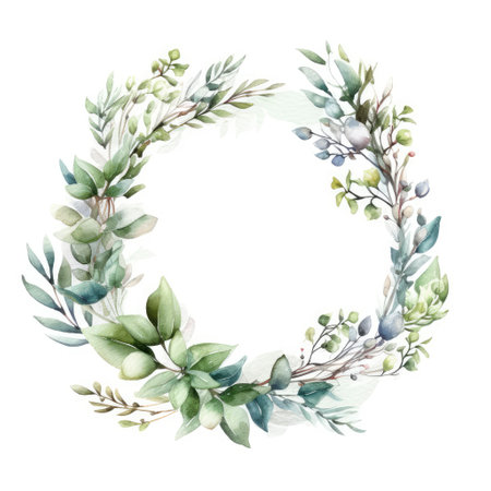 Beautiful vector watercolor wreath with green leaves and branches.の素材