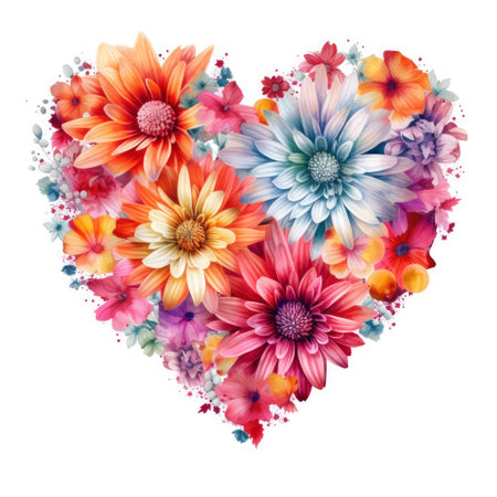Watercolor heart shape with roses, leaves and branches isolated on white backgroundの素材