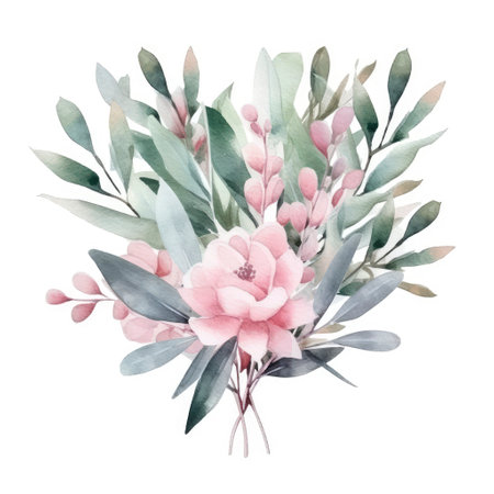 Watercolor heart shape with roses, leaves and branches isolated on white backgroundの素材