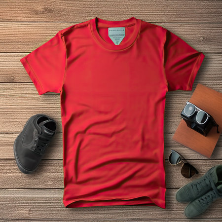 Red t-shirt mockup, men's clothing on wooden backgroundの素材