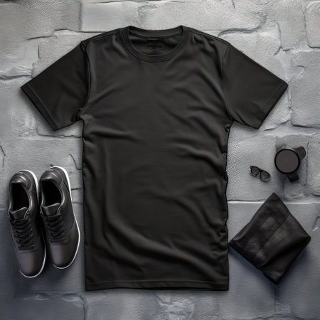 Black t-shirt on a wooden background. T-shirt template.の素材