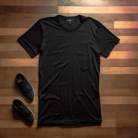Black t-shirt on a wooden background. T-shirt template.の素材