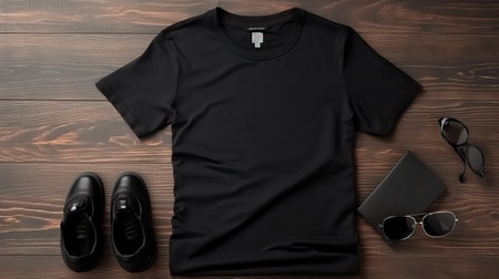 Black t-shirt on a wooden background. T-shirt template.の素材
