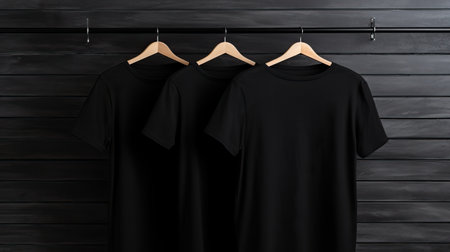 Black t-shirt on a wooden background. T-shirt template.の素材