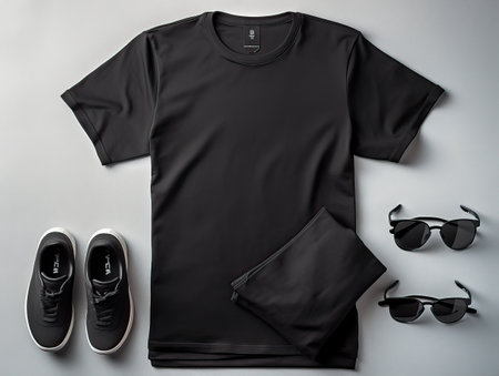 Black t-shirt on a wooden background. T-shirt template.の素材