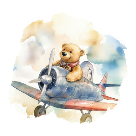 Watercolor teddy bear and airplane. Hand drawn illustration isolated on white backgroundの素材