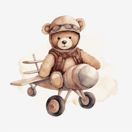 Cute teddy bear in a pilot's helmet sits on a wooden airplane. Watercolor illustration.の素材