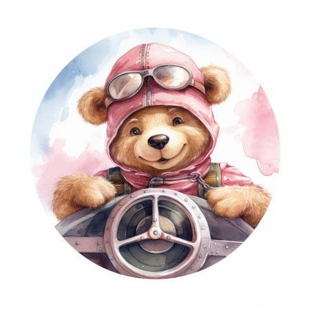 Watercolor illustration of a cute teddy bear in a pilot's hat with a steering wheel.の素材