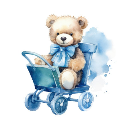 Cute teddy bear in a baby carriage. Watercolor illustrationの素材
