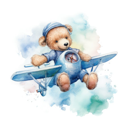 Watercolor illustration of a teddy bear with an airplane on a blue backgroundの素材