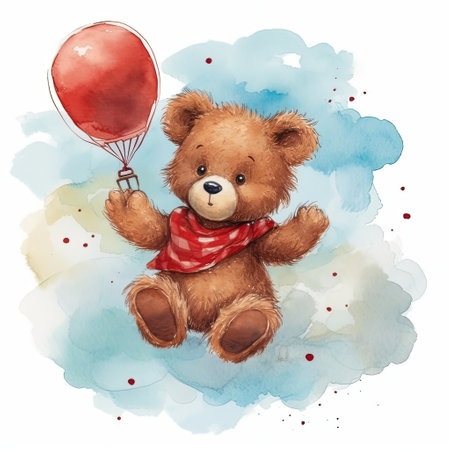 Cute teddy bear with red balloon. Watercolor illustration.の素材