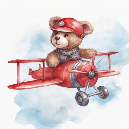 Teddy bear in a helmet and a red airplane. Watercolor illustrationの素材