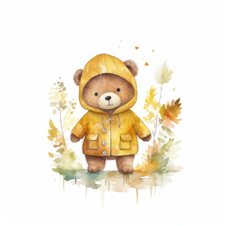 Cute teddy bear in a warm jacket and hat. Watercolor illustrationの素材