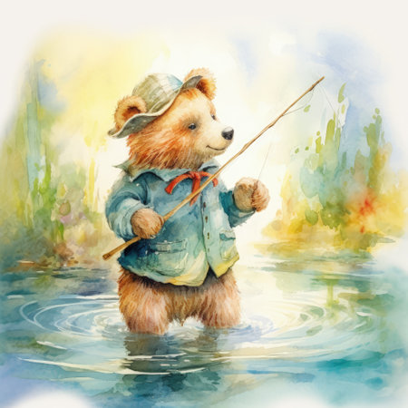 watercolor illustration of a bear fisherman in a hat with a fishing rodの素材