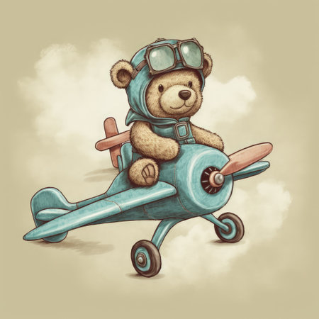 Teddy bear in a pilot's helmet rides an airplane. Cartoon illustration.の素材