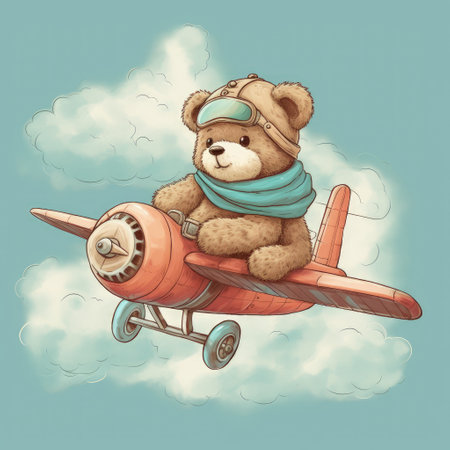 Cute teddy bear with a scarf on his head is flying in an airplane.の素材