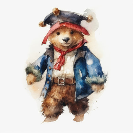 Watercolor illustration of a dog dressed as a pirate with a hatの素材