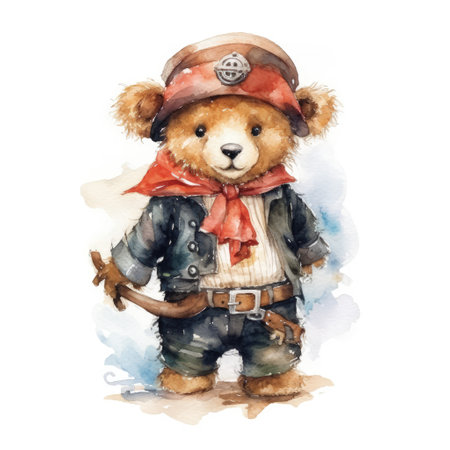 Watercolor illustration of a teddy bear dressed as a pirate.の素材