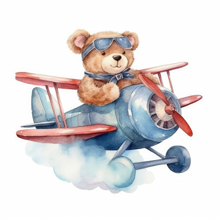 Watercolor illustration of a teddy bear in a retro airplane.の素材