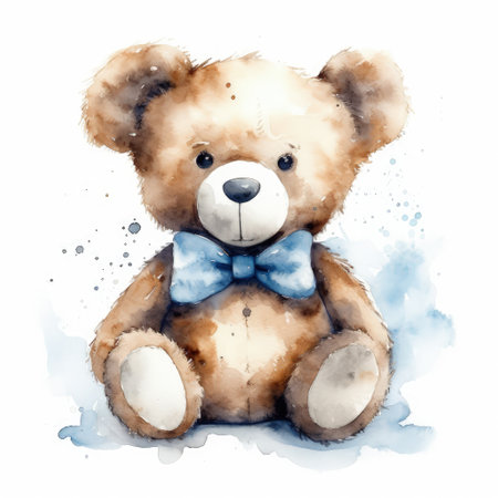 Teddy bear with bow tie. Watercolor illustration on white backgroundの素材