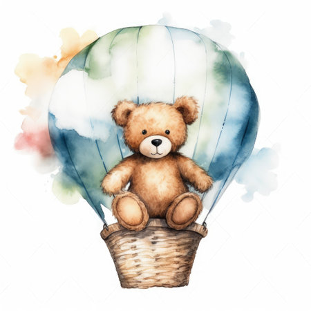 Watercolor teddy bear in a basket with a hot air balloonの素材