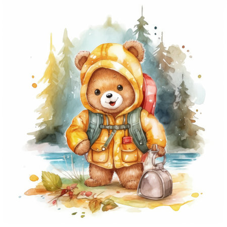 Watercolor illustration of a teddy bear with a backpack in the forest.の素材