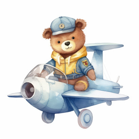 watercolor illustration of a cute teddy bear pilot in a planeの素材