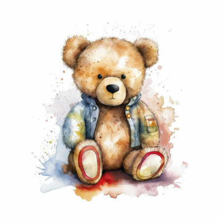 Watercolor teddy bear on white background. Hand drawn illustration.の素材