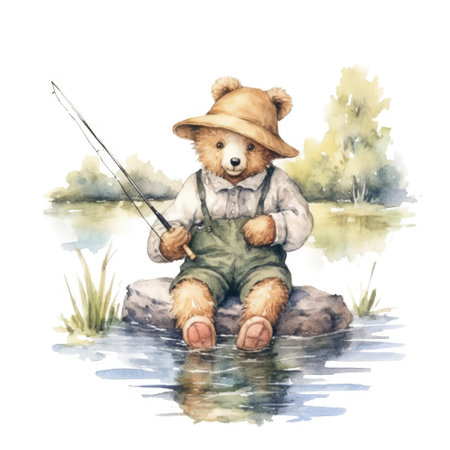 Watercolor teddy bear on white background. Hand drawn illustration.の素材