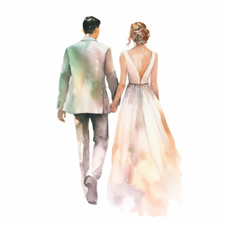 Watercolor illustration of a bride and groom on a white background.の素材