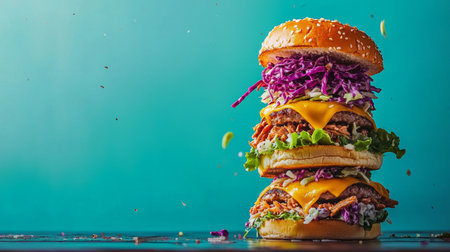 Hamburger with red cabbage and cheese on a blue background.の素材