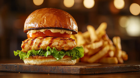 Bacon burger with french fries on wooden board, shallow dofの素材