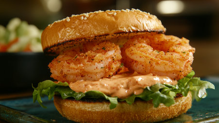 Delicious shrimp burger with mayonnaise on plate, closeupの素材