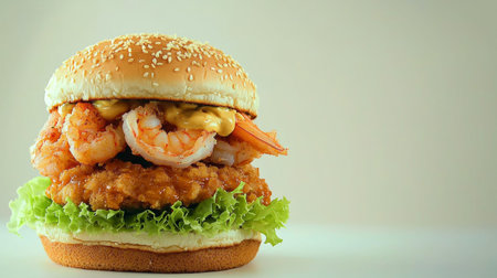 Hamburger with shrimps and lettuce on white background.の素材