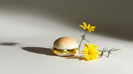 Homemade hamburger with yellow flower on white background. Minimal concept.の素材